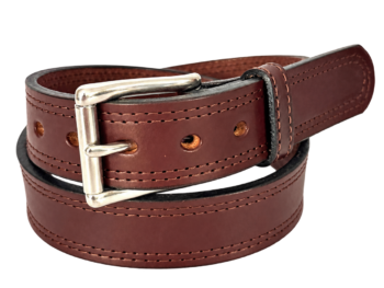 Brown double stitch heavy duty leather belt with stainless steel silver roller buckle