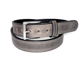 Grey double stitch heavy duty leather belt made from 10–12 oz full-grain leather