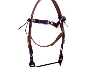 Angled view of brown and purple leather headstall showing adjustable cheek buckles