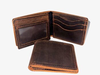 Brown water buffalo Crazy Horse bifold wallet shown open with an ID flap and card slots, alongside a closed exterior view.